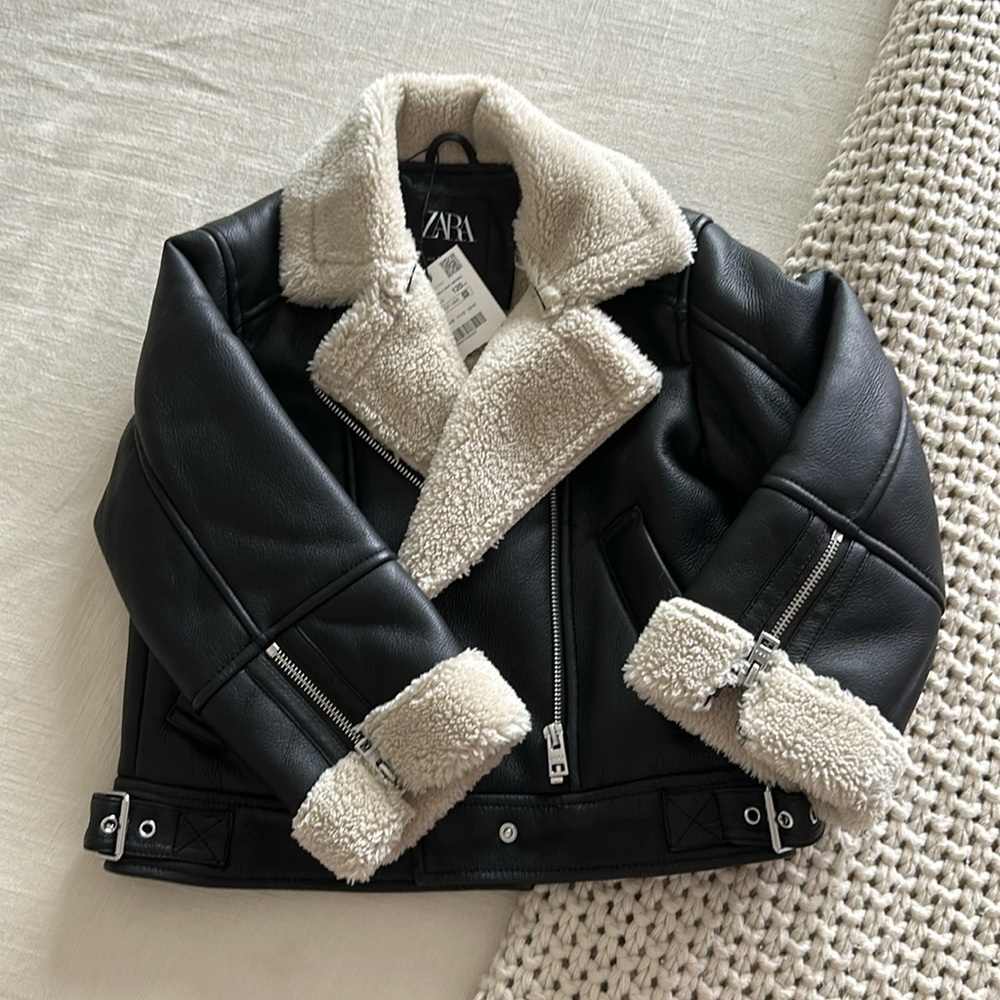 Zara Sherpa lined leather moto jacket